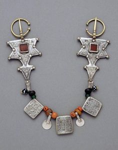 Africa | Morocco | Fibula; silver, amber, coral, glass, copper | African Museum (Belgium) Collection; acquired 1989 African Jewellery