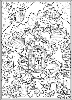 an adult coloring page with gnomes and mushrooms in the forest, surrounded by christmas decorations