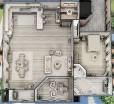 an overhead view of a floor plan for a house with two bathrooms and three separate living areas