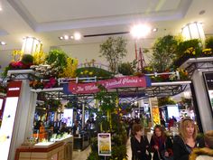 two women are standing in front of a flower shop with plants and flowers hanging from the ceiling