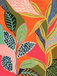 a painting of leaves on an orange background