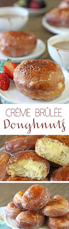 creme brule doughnuts on plates with strawberries and berries in the background