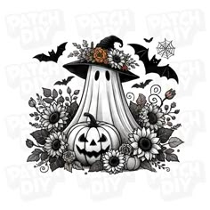 a drawing of a halloween hat with flowers and bats on it, surrounded by sunflowers