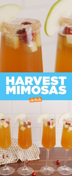 the cover of harvest mimosas with apples and cranberries in glasses on a table