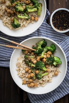 two white bowls filled with rice and broccoli