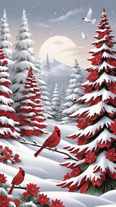 a red bird sitting on top of a tree branch in front of snow covered trees