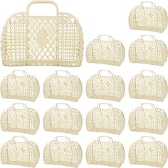 twelve white wicker purses with handles