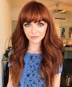 Bangs & Color Auburn Hairstyles, Long Hair Volume, Cheveux Oranges, Red Copper Hair Color, Copper Red Hair, Hair Color Auburn, Hair With Bangs, Long Hair With Bangs, Hair Color And Cut