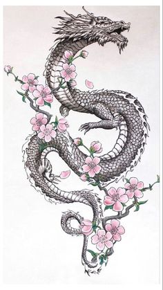 a drawing of a dragon with pink flowers on it's body and head in the shape of a snake