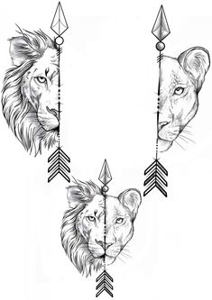 two lions with arrows on their necks and one is facing each other, while the other has