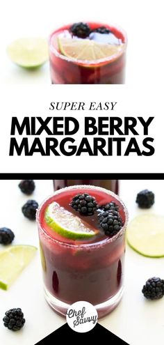 two glasses filled with mixed berry margaritas next to lime slices and blackberries on the side