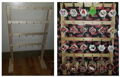 two pictures side by side, one with christmas ornaments on it and the other with wooden shelves