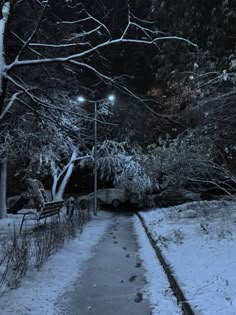 a snowy path in the middle of a park at night