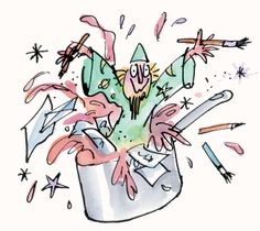 a drawing of a cactus in a pot with paint splatters all over it