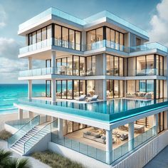 this is an artist's rendering of a modern beachfront home on the ocean