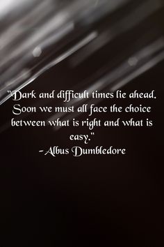 Dark and difficult times lie ahead. Soon we must all face the choice between what is right and what is easy. Albus Dumbledore Quotes, Dark Book, Hp Quotes, Dumbledore Quotes, Times Quotes, Quotes Book, Dark Books, Harry Potter Collection, Albus Dumbledore