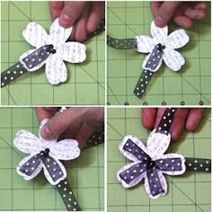 four pictures showing how to make a paper flower with ribbon and polka dot trimmings