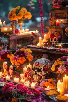 a table topped with lots of candles and skulls