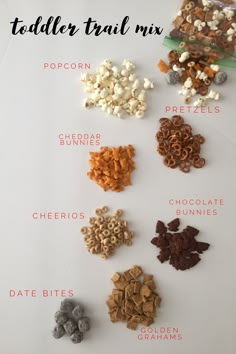 the ingredients for a toddler trail mix on a white surface with text overlay