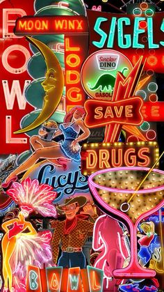 a collage of neon signs and advertisements