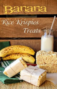 bananas and rice krispies are sitting on a table next to a glass of milk