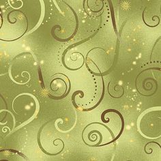 a green and gold background with swirls and stars on the left hand side,