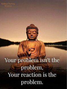 a buddha statue sitting in front of a body of water with the words your problem isn't the problem, your reaction is the problem