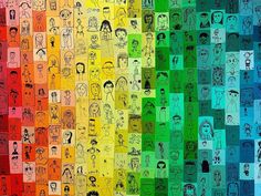 a multicolored background with people drawn on it