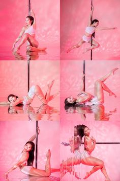 four photos of a woman in white bikinis and pole dancing on the water with pink background