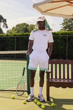 a man standing on a tennis court holding a racquet and ball racket