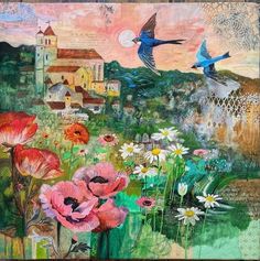 a painting on wood with flowers and birds in the sky above it is a wooden fence