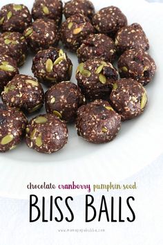 chocolate cranberry pumpkin seed bliss balls on a white plate with text overlay