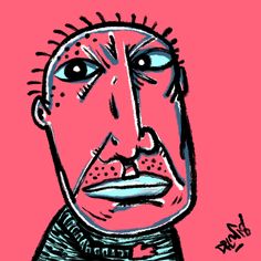 an ink drawing of a man's face on a pink background