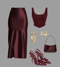 #red #fashion #aesthetic #outfits #heels #bag #elegant Fall Cocktail Attire, Fashion Aesthetic, Casual Style Outfits