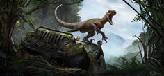 an image of dinosaurs riding on top of a jeep in the jungle with other animals