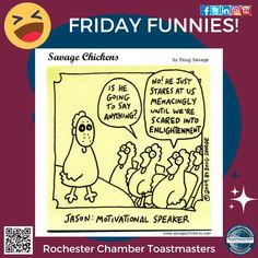 a poster with the words friday funnies written on it and an image of chickens talking to