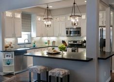 a kitchen with two stools next to an island in the middle of the room