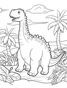 a dinosaur in the jungle with palm trees