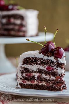 a slice of chocolate cake with cherries on top