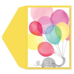 a card with an elephant holding balloons