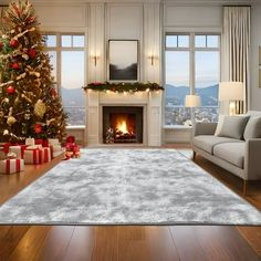 a living room with a christmas tree and fireplace