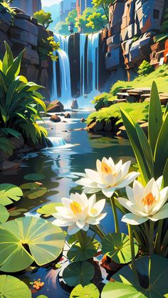 a painting of water lilies in the foreground and a waterfall in the background