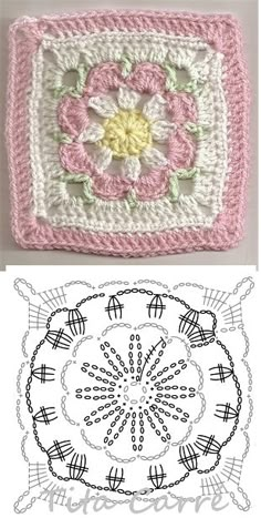 two crocheted squares with flowers on them, one is pink and the other is white