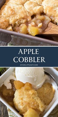 an apple cobbler with ice cream on top and in a baking dish next to it