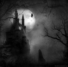 a black and white photo of a castle in the woods with a full moon behind it