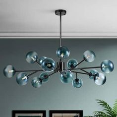 a chandelier hanging from the ceiling in a living room with blue walls and potted plant