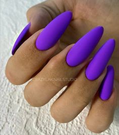 Neon Purple Matte Nails, Matte Purple Nails Almond, Neon Nails Purple, Neon Purple Almond Nails, Neon Purple Nail Designs, Neon Nails Almond Shape, Matte Purple Acrylic Nails, Purple Neon Nails, Neon Almond Shaped Nails