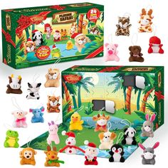 an assortment of stuffed animals are shown in the box and on the ground, including one with