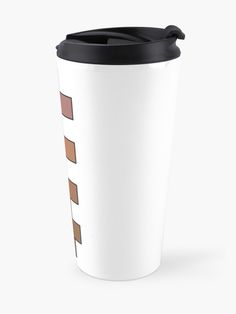 a white travel mug with brown squares on the side and black lid, sitting against a white background