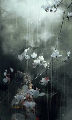 a painting of flowers in the rain on a tree branch with dark clouds behind it